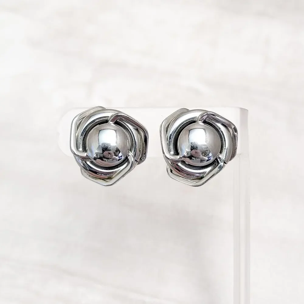 Vintage Clip On Earrings Modern MCM Design Large Statement Silver Tone